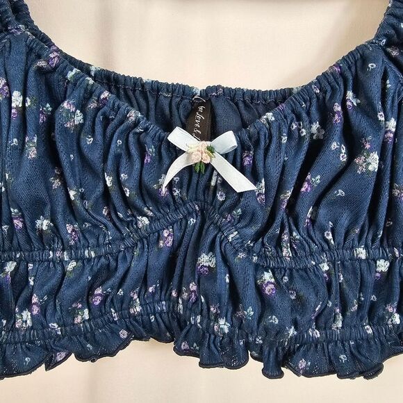 NWOT For Love & Lemons Lola Pointelle Crop Top in Blue Floral - Size M - Picture 5 of 7
